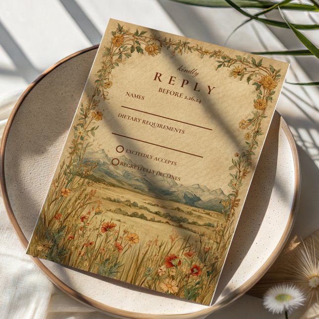 Cartão RSVP Golden Meadow Mountain Wedding (Criador carregado)