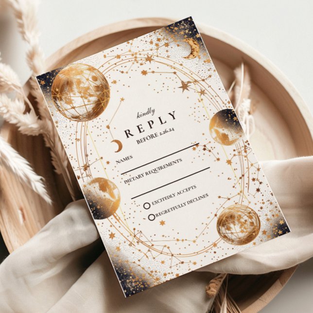 Cartão RSVP Golden Moonlit Celestial Wedding (Criador carregado)