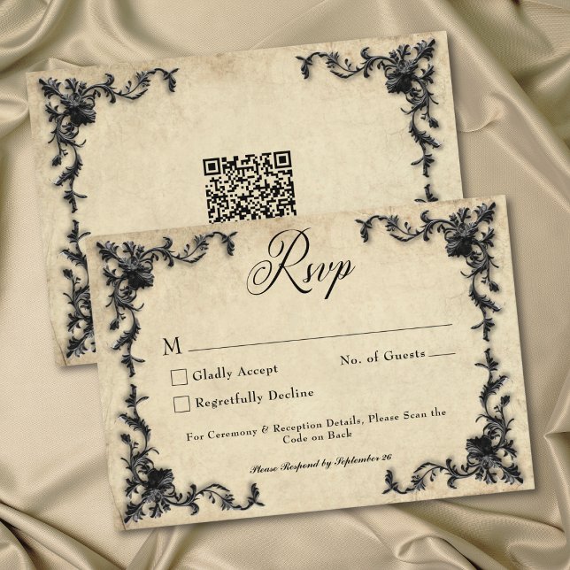Cartão RSVP Gothic Black Tan Parchment Filigree Heart Wedding (Gothic Black Tan Parchment Filigree Heart Wedding QR RSVP Card)