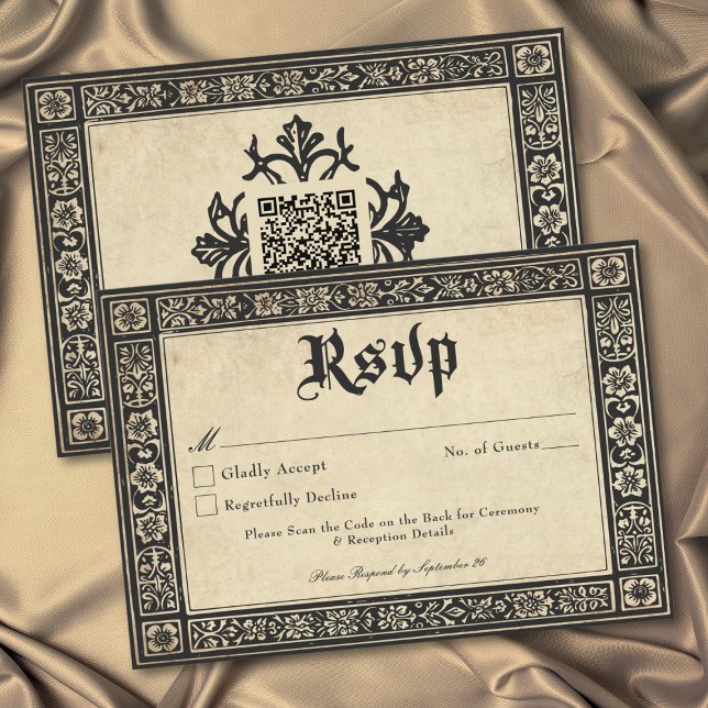 Cartão RSVP Gothic Parchment Medieval Until Death Wedding QR (Gothic Parchment Medieval Until Death Wedding QR RSVP Card)