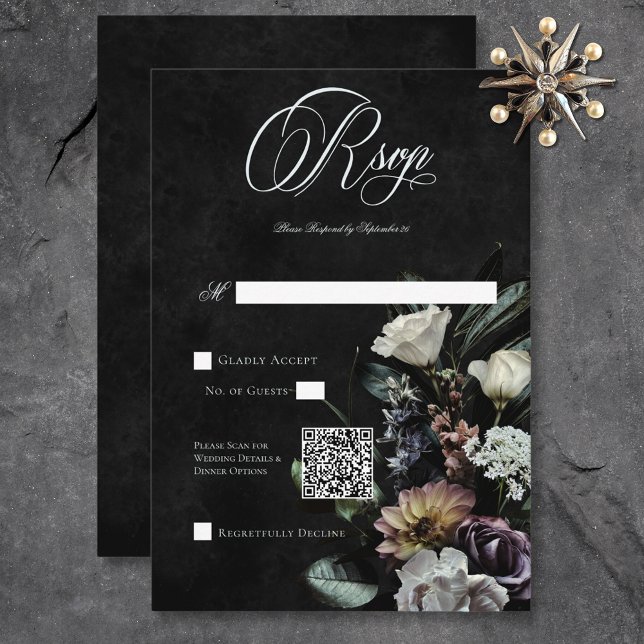 Cartão RSVP Gótico Escuro Misterioso Muted Floral Código QR Fl (Dark Gothic Mysterious Muted Floral QR Code RSVP Card)