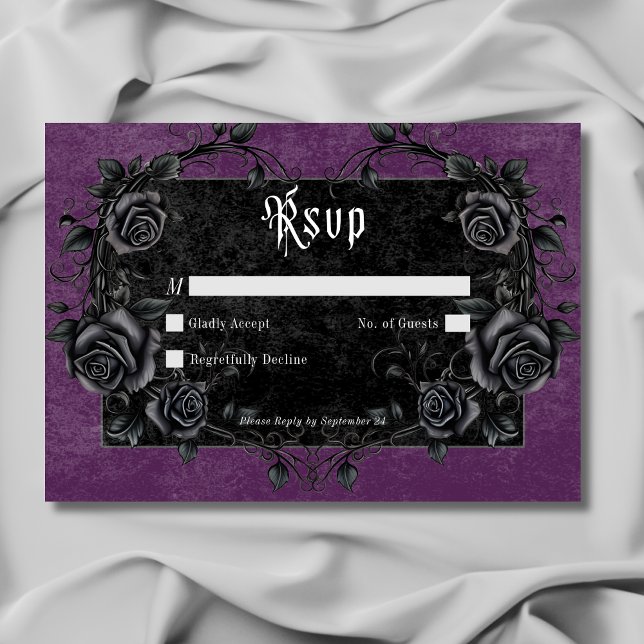 Cartão RSVP Gótico Preto Raven & Rosa Roxo Sem Janto (Gothic Black Raven & Roses Purple No Dinner RSVP Card)