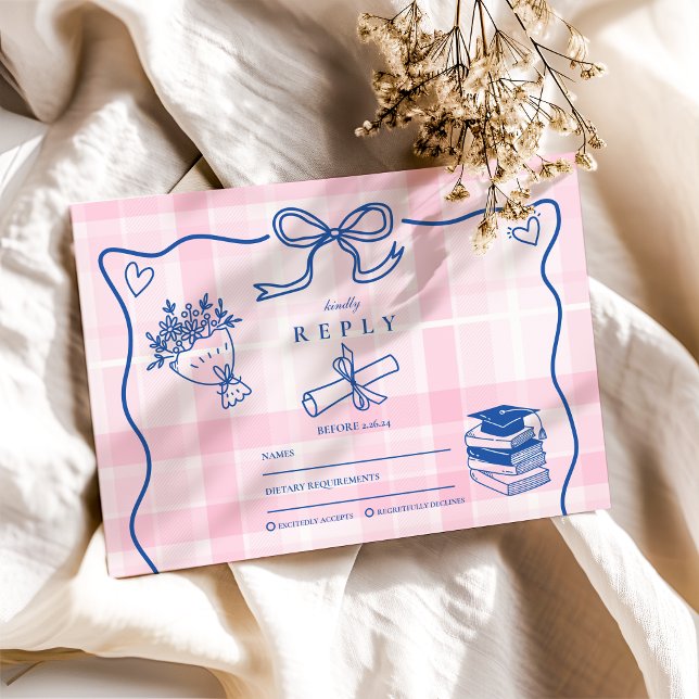 Cartão RSVP Graduação Cor-de-Rosa e Azul Desenhada à Mão (Criador carregado)