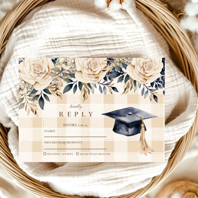 Cartão RSVP Graduação Floral Azul-Marinho Elegante (Criador carregado)