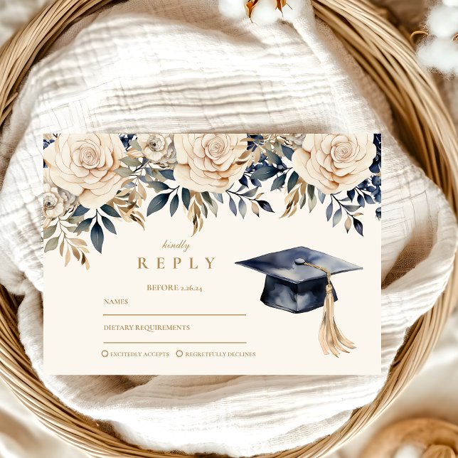 Cartão RSVP Graduação Floral Dourada do Elegante (Criador carregado)