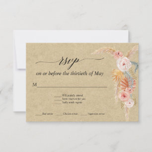 Cartão RSVP Grama das Pampas Boho Floral Tropical Branco Kraft