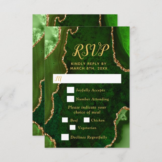 Cartão RSVP Green and Gold Agate Wedding Meal Choice (Frente/Verso)
