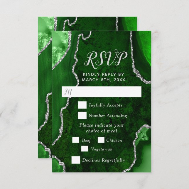 Cartão RSVP Green and Silver Agate Wedding Meal Choice (Frente/Verso)