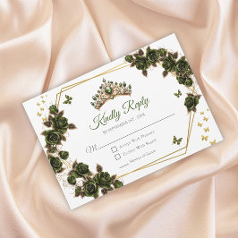 Cartão RSVP Green Golden Roses Tiara Butterflies Quinceañera