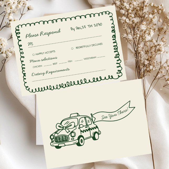 Cartão RSVP green hand drawn Whimsical Wedding  (Criador carregado)