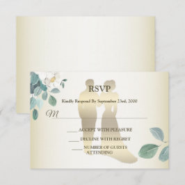Cartão RSVP Green Leaves Flower Golden Frame Modern Wedding