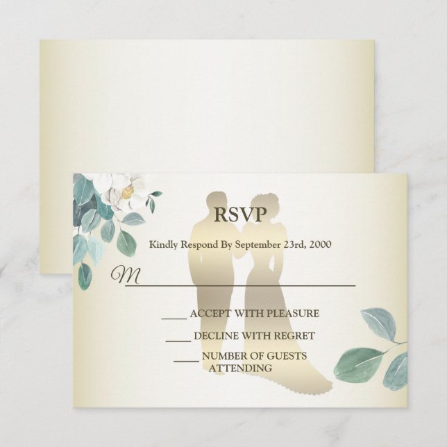 Cartão RSVP Green Leaves Flower Golden Frame Modern Wedding (Frente/Verso)