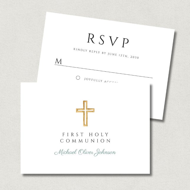 Cartão RSVP Green Script Religious Cross Boy First Communion  (Green Script Religious Cross Boy First Communion RSVP Card)