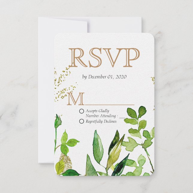 Cartão RSVP Greenery & Dourado Leaf Enquadrada Folhas Casament (Frente)
