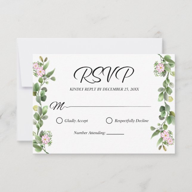 Cartão RSVP Greenery Elegant e Belo Casamento Floral (Frente)