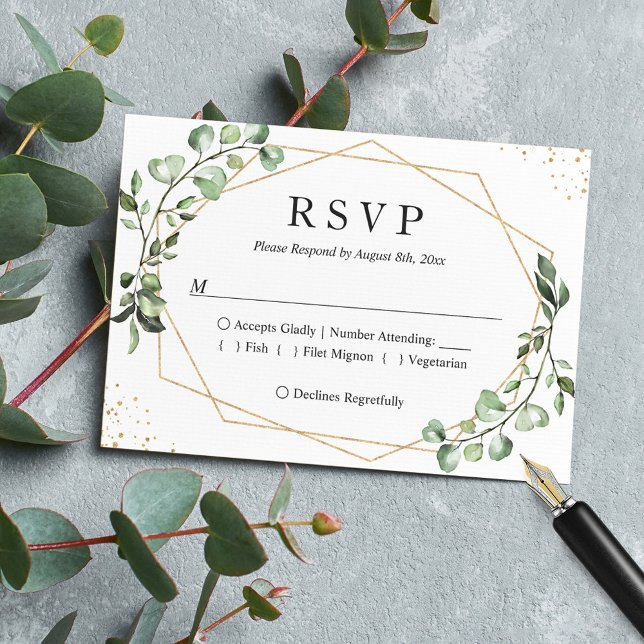 Cartão RSVP Greenery Eucalyptus Gold Geometric Frame Wedding (Criador carregado)