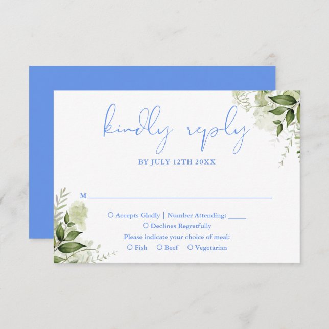 Cartão RSVP Greenery Floral Cornflower Blue Wedding (Frente/Verso)