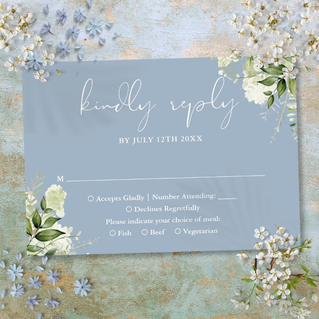 Cartão RSVP Greenery Floral Elegante Dusty Casamento Azul (Greenery Floral Elegant Dusty Blue Wedding RSVP Card)