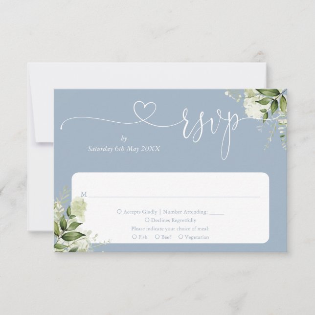 Cartão RSVP Greenery Floral Script Heart Dusty Blue (Frente)