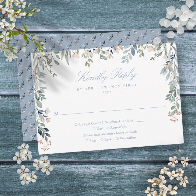 Cartão RSVP Greenery Floral Wildflower Dusty Blue Weding (Greenery Floral Wildflowers Dusty Blue Wedding RSVP Card)