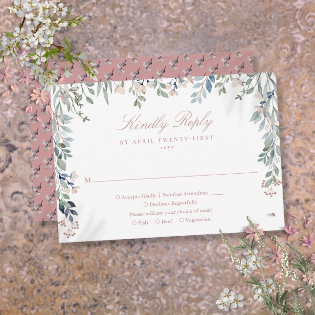 Cartão RSVP Greenery Floral Wildflower Dusty Rosa Wedding (Greenery Floral Wildflowers Dusty Rose Wedding RSVP Card)