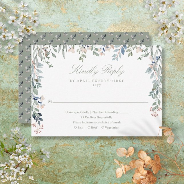 Cartão RSVP Greenery Floral Wildflower Sage Casamento Verde (Greenery Floral Wildflowers Sage Green Wedding RSVP Card)