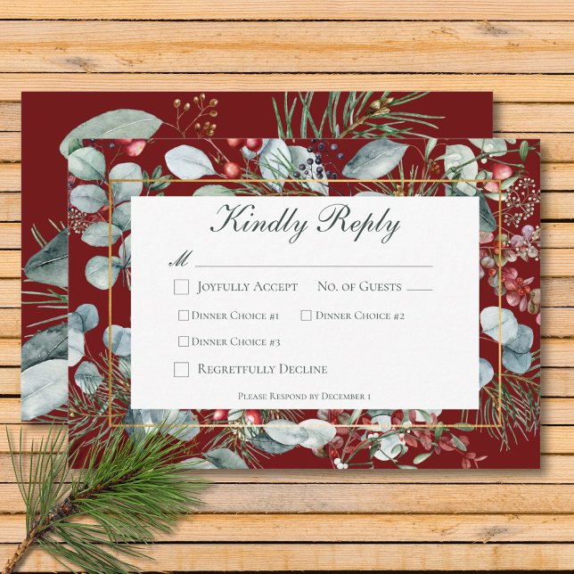 Cartão RSVP Greenery Red Weding Três Janto Natal Inverno (Winter Christmas Greenery Red Wedding Three Dinner RSVP Card)