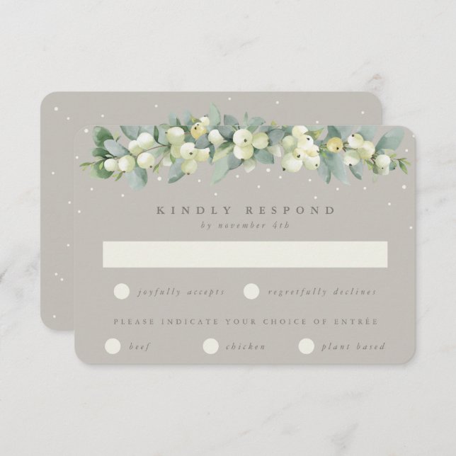 Cartão RSVP Greige Snowberry+Eucalyptus Garland Casamento no i (Frente/Verso)