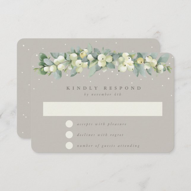 Cartão RSVP Greige Snowberry+Eucalyptus Garland Casamento no i (Frente/Verso)