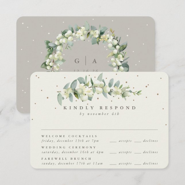 Cartão RSVP Greige Snowberry+Eucalyptus Wedding Multi-Evento (Frente/Verso)