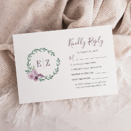 Cartão RSVP Grinalda Floral Roxa Verde Monograma Casamento