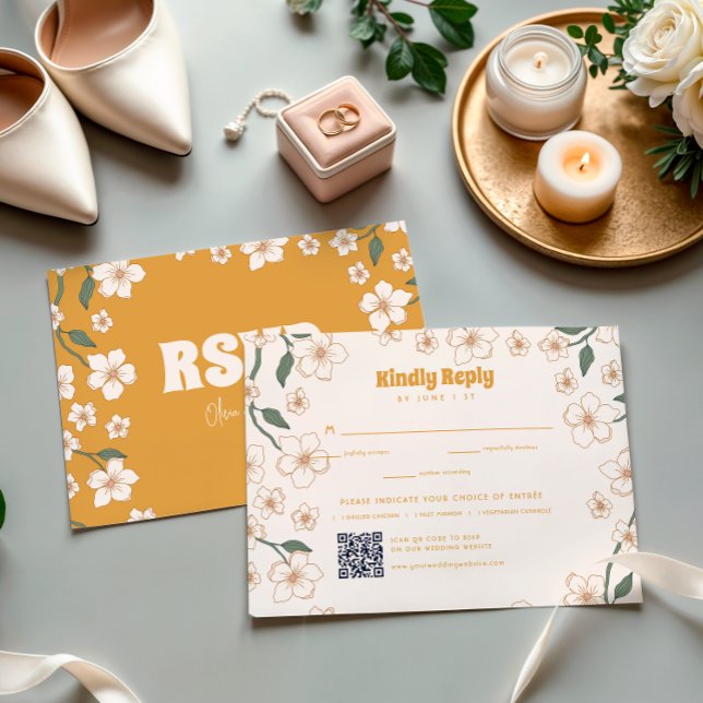Cartão RSVP Groovy Mostard Floral Wedding (Criador carregado)