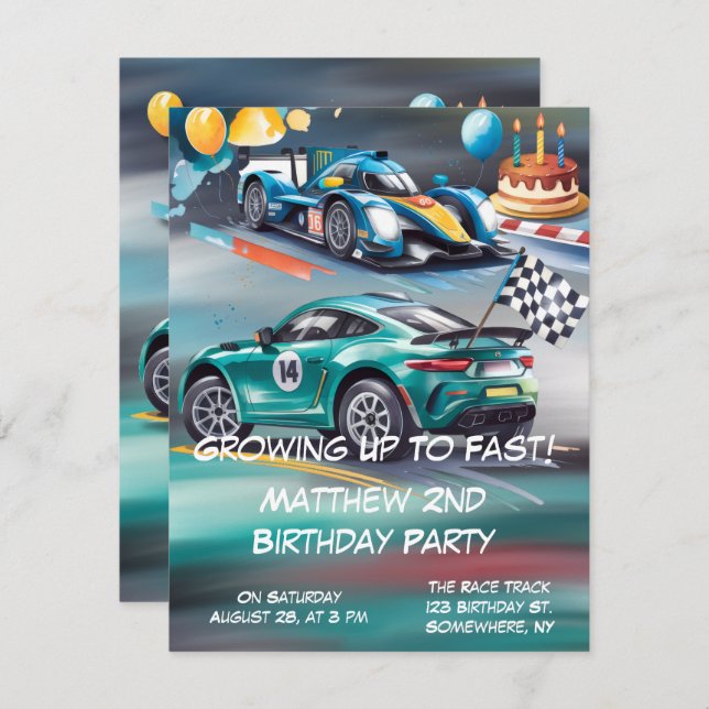 Cartão RSVP Growing Up To Fast Boy Birthday Party Invitation (Frente/Verso)