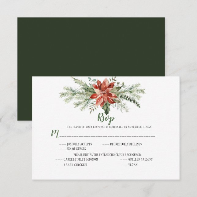 Cartão RSVP Guirlanda de Natal Vermelha Sempre Viva Poinsettia (Frente/Verso)