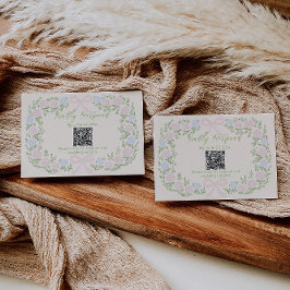 Cartão RSVP Hand Drawn Green Pink Bow Floral Wedding QR Code