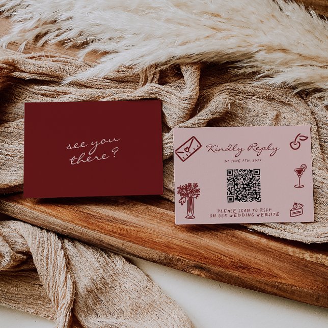 Cartão RSVP Hand Drawn Pink Burgundy Romantic QR Code Wedding (Criador carregado)