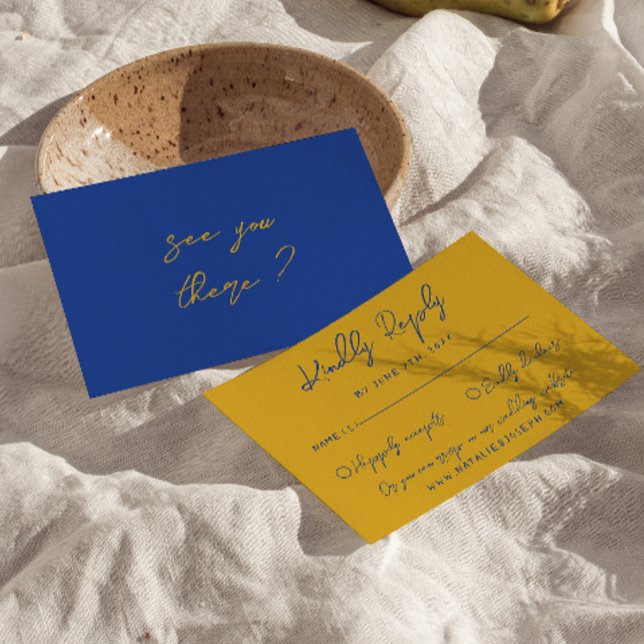 Cartão RSVP Hand Written Yellow Blue Italian Retro Wedding  (Criador carregado)