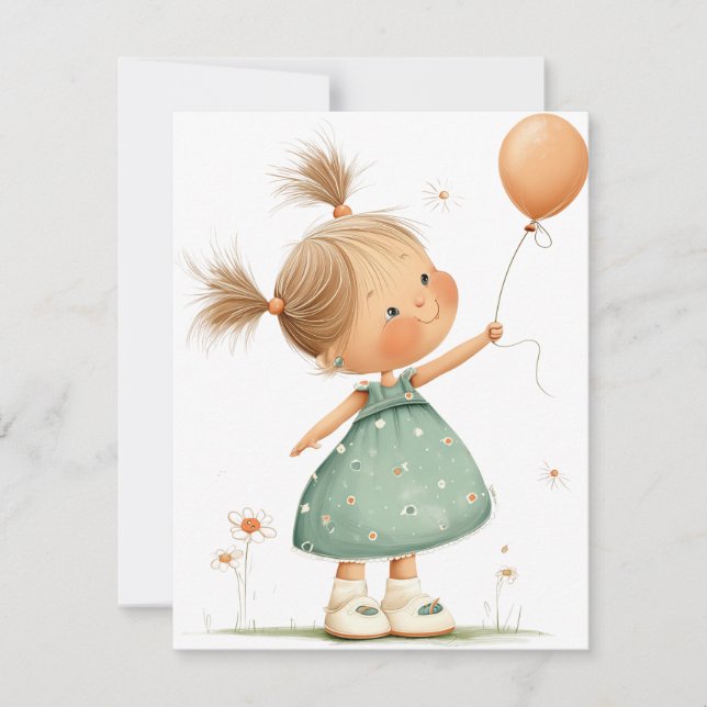 Cartão RSVP Happy Girl with Balloon Watercolor (Frente)
