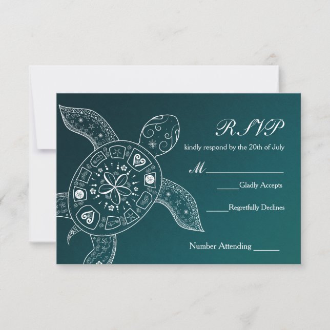 Cartão RSVP Hawaiian Sea Turtle White Blue Beach Casamento RSV (Frente)