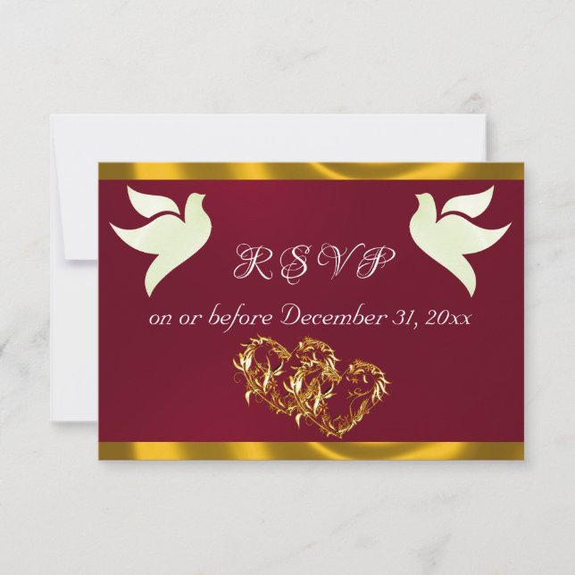 Cartão RSVP Heart, Doves & Ribbon - Burgundy/Gold (Frente)