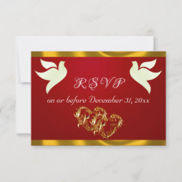 Cartão RSVP Heart, Doves & Ribbon - Crimson/Gold