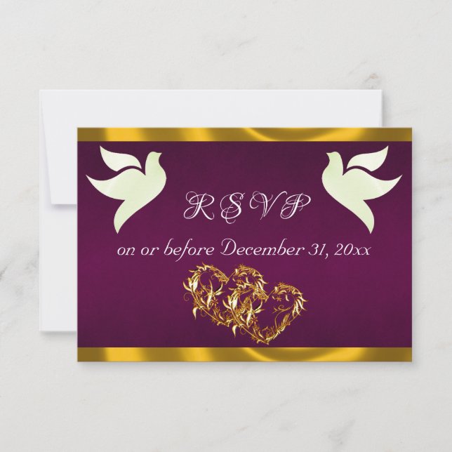 Cartão RSVP Heart, Doves & Ribbon - Purple/Gold (Frente)
