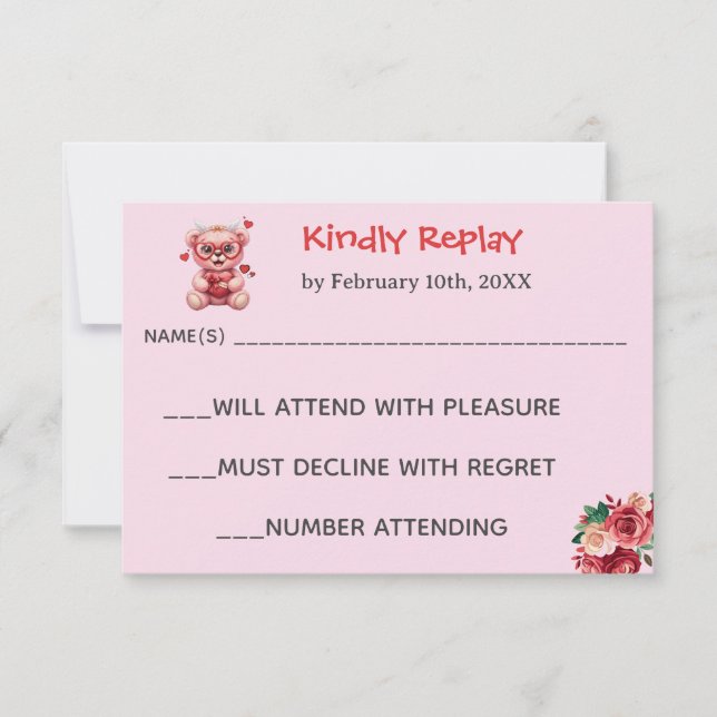 Cartão RSVP Heart Glasses Teddy Bear Pink Baby Shower  (Frente)