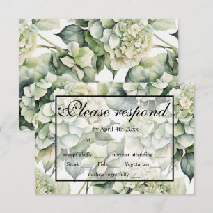 Cartão RSVP Hídrangas florais de cor branca esverdeada Elegant