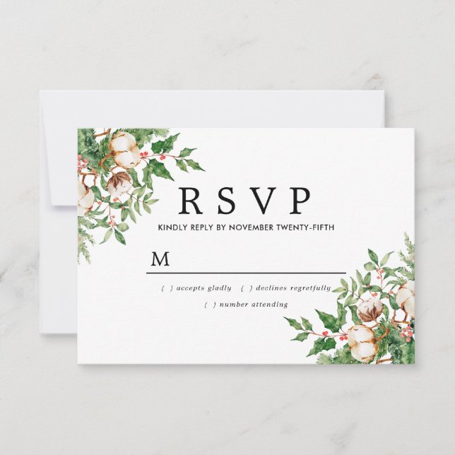 Cartão RSVP Holly Pine White Floral Casamento no inverno (Frente)