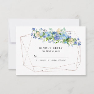 Cartão RSVP Hortênsia Azul Floral em Moldura Geométrica Dourad