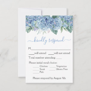 Cartão RSVP Hortênsias Azuis Casamento Floral Aquarela
