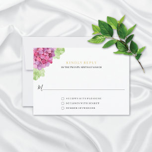 Cartão RSVP Hortênsias em Aquarela Tons Rosa Casamento
