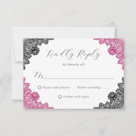 Cartão RSVP Hot Pink and Black Floral Lace Wedding