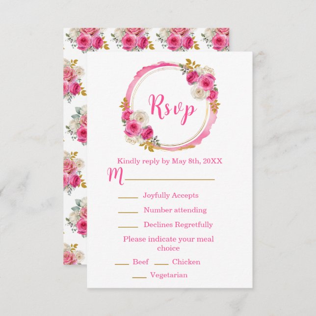 Cartão RSVP Hot Pink and Gold Elegant Flowers Sweet Sixteen (Frente/Verso)